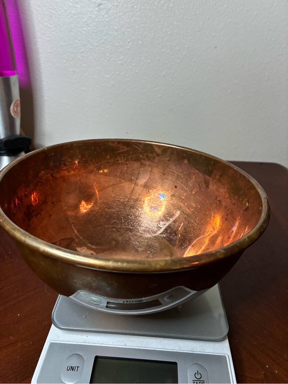 VTG COPPER ROUND BOTTOM HEAVY  MIXING BOWL ROLLED EDGE W/ RING